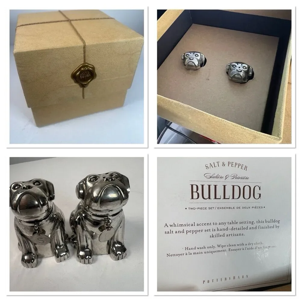 Pottery Barn Bulldog Salt & Pepper Shakers unused original box